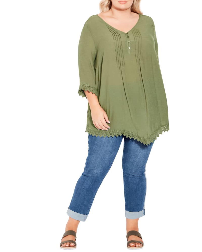 Front of a model wearing a size 14 Ellie Pintuck Lace Top in Olive Green by avenue. | dia_product_style_image_id:214069